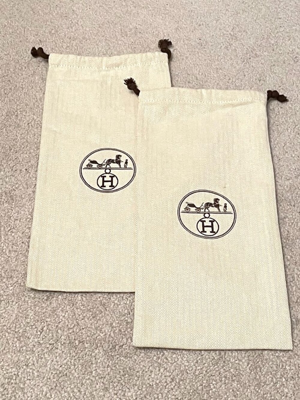 AUTHENTIC Hermes drawstrings dust bags, Set of 2, 13.5 x 6.5 inches